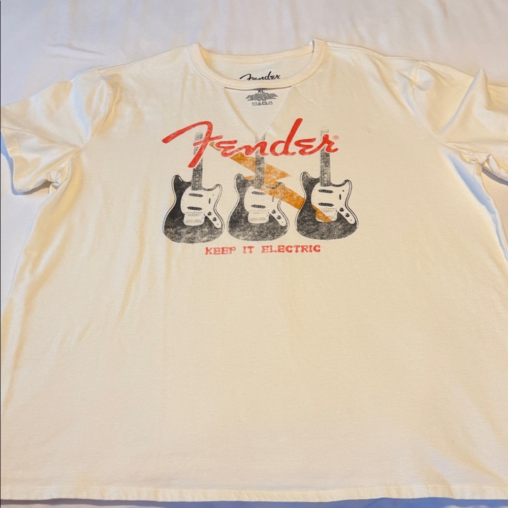 Fender White Graphic Tee with Electric Guitar Design